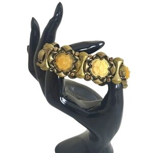 Vintage Antiqued Goldtone Resin Floral Design Retro Stretch Bracelet